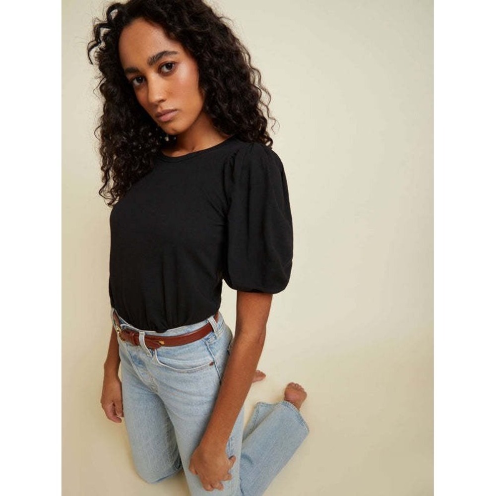 Nation Ltd Black Pima Cotton Linen Puff‎ Sleeve Crew Neck Top Women's Size S